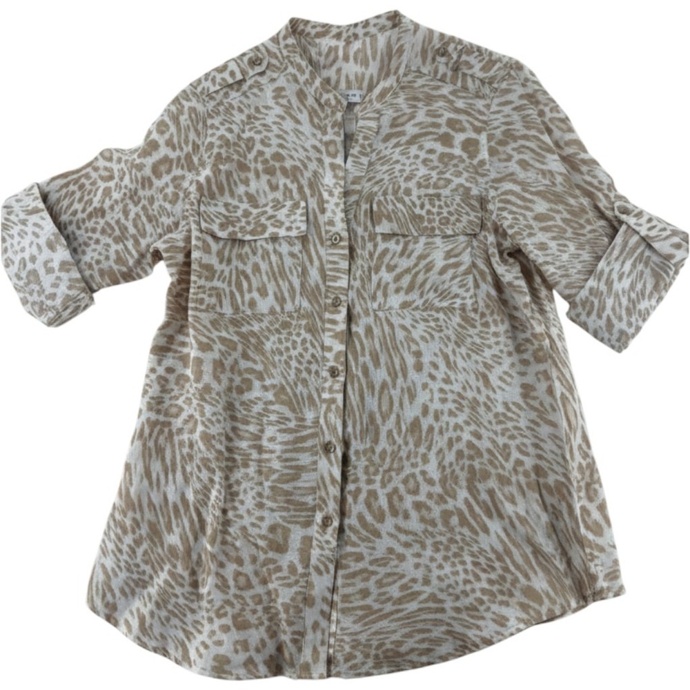 Calvin‎ Klein Shirt Womens Large Button Up Tan Animal Print Linen Utility Top
